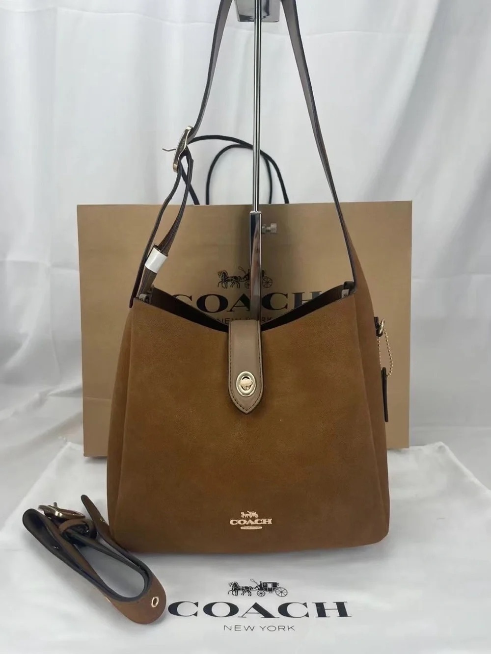 Coach Brown Suede Hobo Shoulder Bag with Gold-Tone Hardware